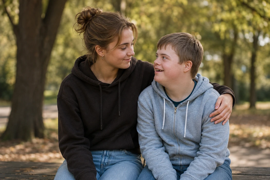 En ung kvinna med armen om sin lillebror med Downs syndrom, båda ler mot varandra