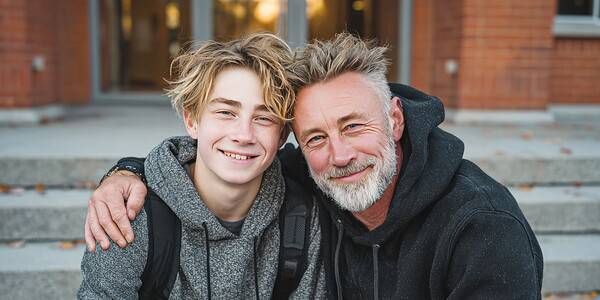 En pappa med armen om sin tonårsson