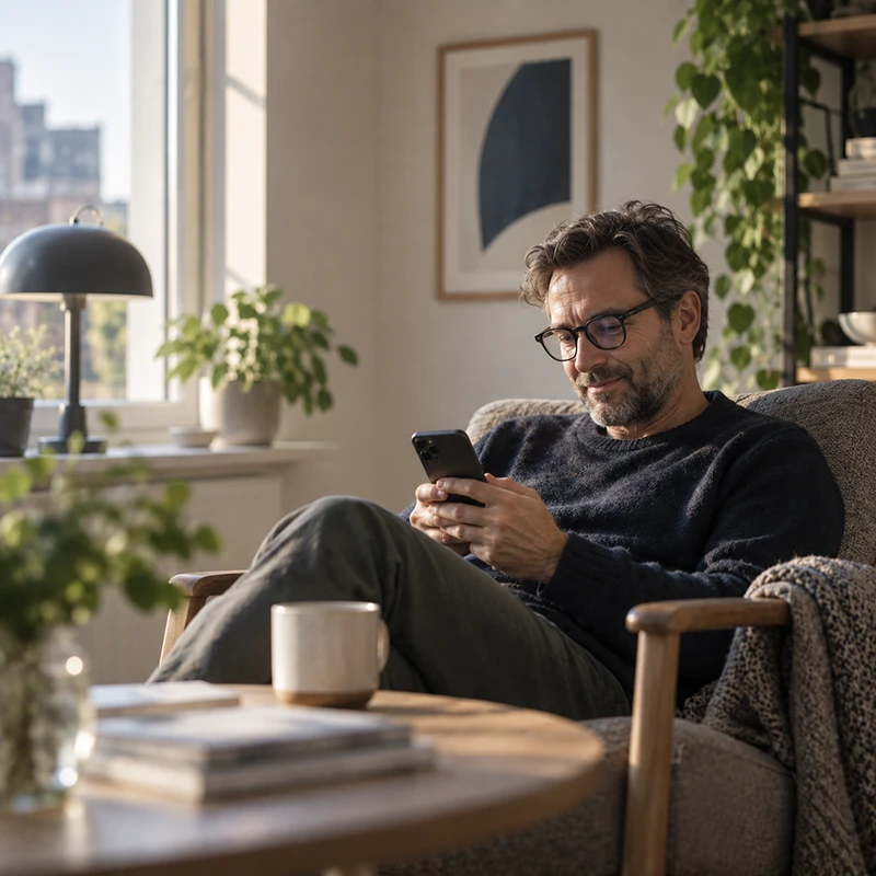 En man sitter avslappnat i en fåtölj hemma och läser på sin mobil